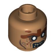 Lego Minifig Head Zombie, Silver Eyes and Brown Face Lines Closed Mouth / Bared Teeth Print / Medium Nougat