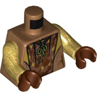 Torso Robe, Open over Tunic with Reddish Brown and Yellow Spots, Lace Neck Ties Print, Pearl Gold Arms, Reddish Brown Hands / Medium Nougat