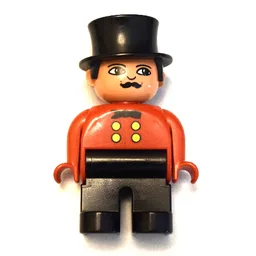 Duplo Figure, Early, Top Hat Black, Black Legs, Yellow Buttons and Black Bow Tie Print (Circus Ringmaster) / Red