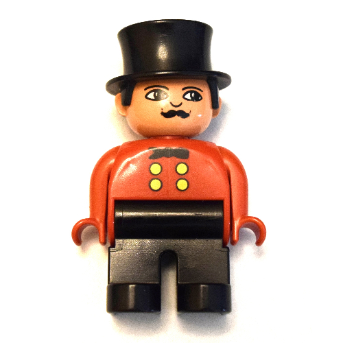 Lego Duplo Figure, Early, Top Hat Black, Black Legs, Yellow Buttons and Black Bow Tie Print (Circus Ringmaster) / Red