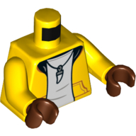 Lego Torso Hoodie, Black Collar, Pocket, Open over White Undershirt, Tooth Necklace Print, Yellow Arms, Reddish Brown Hands / Yellow