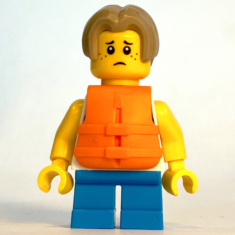 Lego Kid, White Torso, Dark Azure Legs, Dark Tan Hair, Orange Life Vest