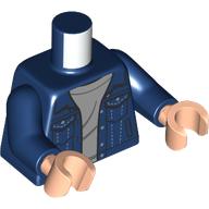 Lego Torso Denim Jacket, Pockets, Light Bluish Grey Creased Shirt print, Dark Blue Arms, Light Nougat Hands / Dark Blue