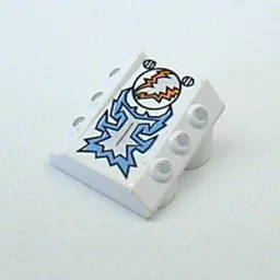 Brick Sloped 2 x 2 No Studs, with 3 Side Pistons Raised Edges and Freeze Blue/Silver/Orange Print / White