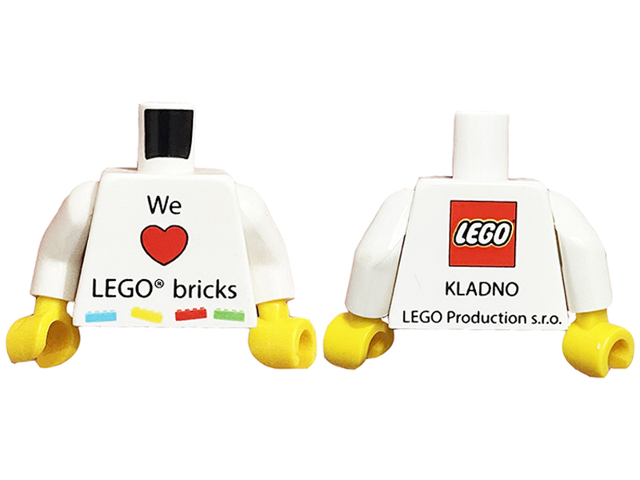Lego Torso 'We Heart LEGO bricks' Front, LEGO Logo and 'KLADNO LEGO Production s.r.o.' Back Pattern / White Arms / Yellow Hands