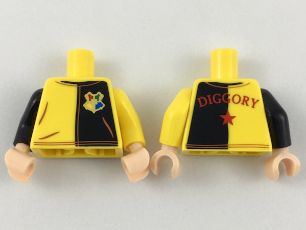 Lego Torso Jersey with Black Left Panel with Hogwarts Crest, Red 'DIGGORY' and Star on Back Pattern / Yellow Arm Left / Black Arm Right / Light Nougat Hands
