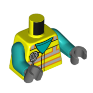 Lego Torso Safety Vest, Light Bluish Grey Stripes, Radio print, Dark Turquoise Arms, Black Hands / Vibrant Yellow