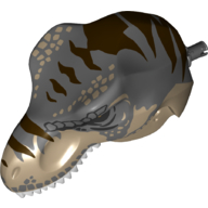 Lego Animal Body Part, Dinosaur, Tyrannosaurus Rex Head with Pin, Light Bluish Grey Teeth, Dark Bluish Gray Top and Dark Brown Stripes Print / Dark Tan
