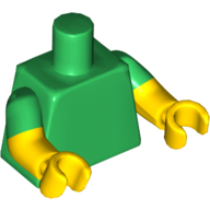 Lego Torso, Dual Molded Arms with Green Sleeves Pattern, Yellow Arms and Hands / Green