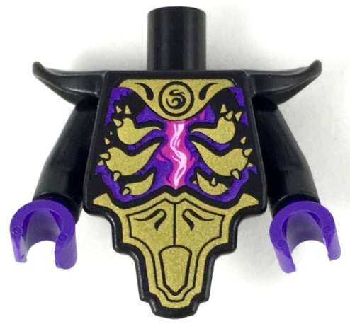 Lego Torso, Modified Short with Smooth Armor Breastplate with Shoulder Pads and Gold Armor Plates, Magenta Energy Pattern / Black Arms / Dark Purple Hands