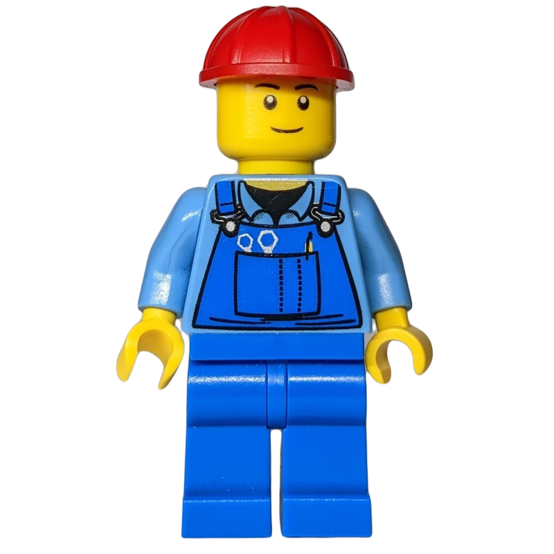 Lego Construction Worker, Blue Overalls over Medium Blue Shirt, Red Hard Hat