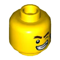 Minifig Head Douglas Elton (El Fuego), Winking Left Eye and Big Smile / Scared Print / Yellow