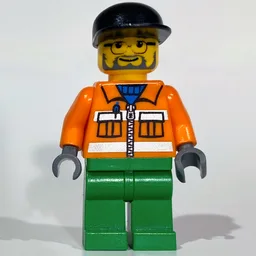 Construction Worker, Orange Jacket with Zipper and Reflective Stripes, Green Legs, Black Cap, Beard and Glasses