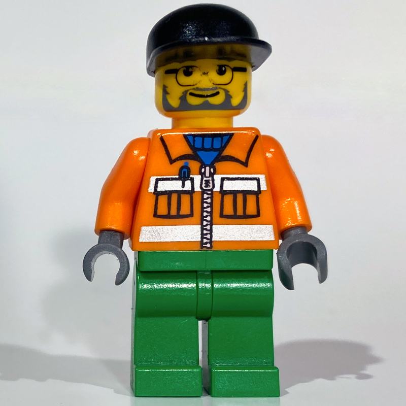 Lego Construction Worker, Orange Jacket with Zipper and Reflective Stripes, Green Legs, Black Cap, Beard and Glasses