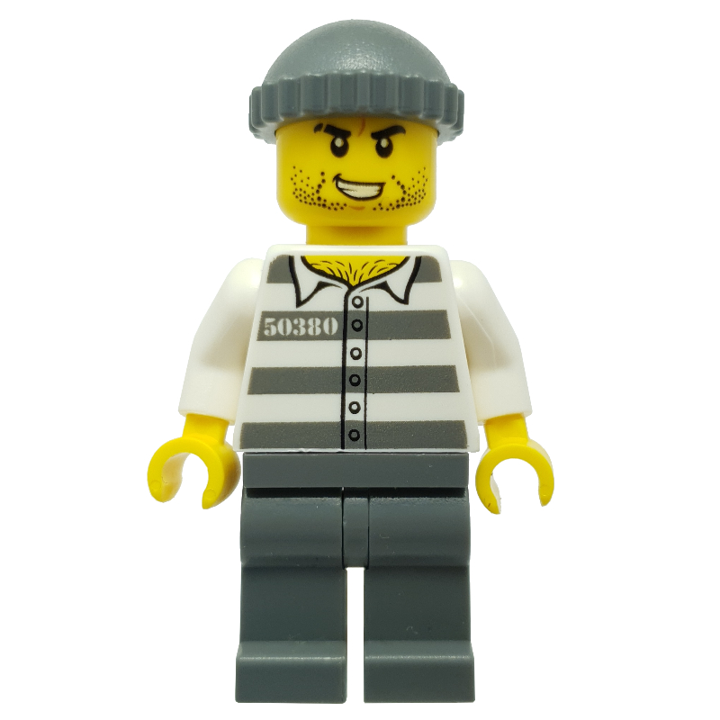 Lego Criminal, Prison Shirt with #50380, Dark Bluish Gray Legs, Dark Bluish Gray Hat, Stubble