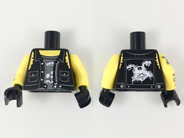 Lego Torso Tattered Vest Open with Pockets, Zipper, Buttons, and White Sons of Garmadon (SOG) Logo on Back over Dark Bluish Gray Tank Top with Skull, Yellow Neck and Shoulders Pattern / Yellow Arm Left / Yellow Arm Right with Dark Bluish Gray Sons of Garmadon (SOG) Tattoo and Chains Pattern / Black Hands