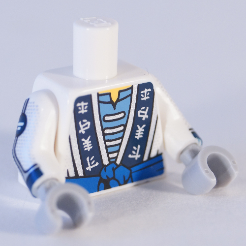 Lego Torso Robe with Asian Symbols, Medium Blue Shirt, Blue Sash Print, White Arms, Light Bluish Gray Hands / White