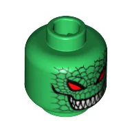 Minifig Head Killer Croc, Red Eyes, Grin with Sharp Teeth, Reptile Scales Print [Blocked Open Stud] / Green