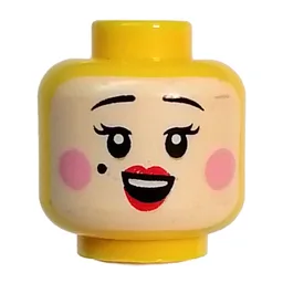 Minifig Head Rococo Aristocrat, White Face Paint, Bright Pink Cheeks, Red Lips, Closed Mouth / Open Mouth Smile Print / Yellow