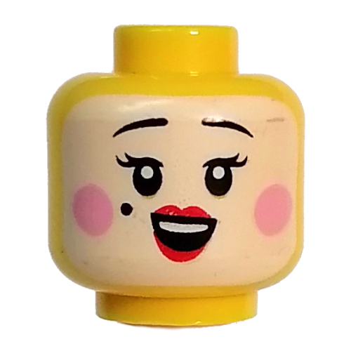 Lego Minifig Head Rococo Aristocrat, White Face Paint, Bright Pink Cheeks, Red Lips, Closed Mouth / Open Mouth Smile print / Yellow