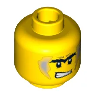 Minifig Head Power Miner, Unibrow with Light Bluish Gray Sideburns and Orange Scar, Determined / Scared Print / Yellow