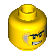 Lego Minifig Head Power Miner, Unibrow with Light Bluish Gray Sideburns and Orange Scar, Determined / Scared Print / Yellow