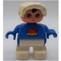 Duplo Figure, Early Child, with Bonnet White, White Legs, Duplo Bunny Logo Print / Blue