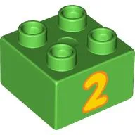 Duplo Brick 2 x 2 with Yellow '2' Print / Bright Green