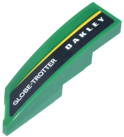 Lego Wedge 4 x 1 Right with White 'OAKLEY' and 'GLOBE-TROTTER' Logo and Yellow Stripe Pattern (Sticker) - Set 76925