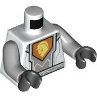 Lego Torso Armor, Silver Circuits, Light Bluish Gray Panel, Orange Emblem, Yellow Horse Head Print, Light Bluish Gray Arms, Black Hands / White