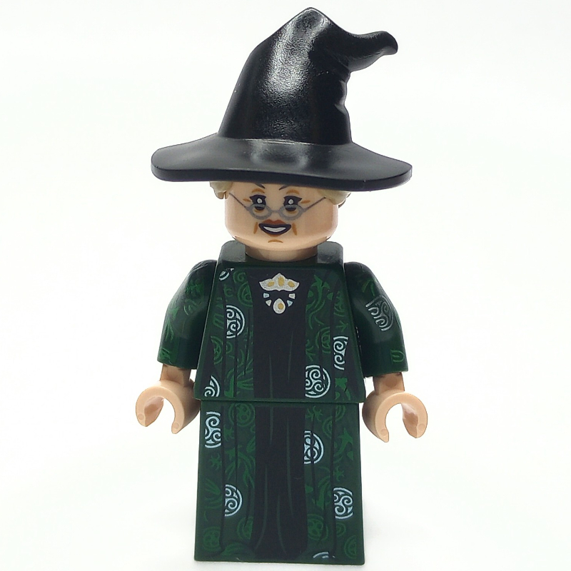 Lego Professor Minerva McGonagall, Dark Green Robe, Black Hat with Dark Tan Hair, Silver Circle Symbols