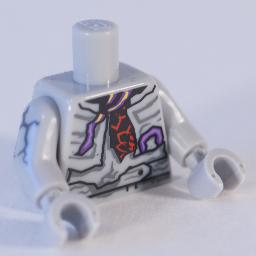Lego Torso Jacket, Tattered, Purple Tentacles Print, Light Bluish Gray Arms and Hands with Dark Bluish Gray Cracks Print / Light Bluish Gray