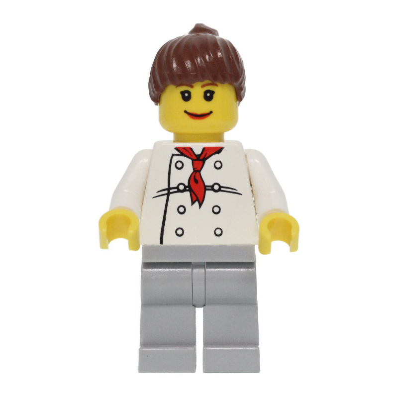 Lego Chef, Woman, Red Neckerchief, Light Bluish Gray Legs, Reddish Brown Hair, 3626bpr0043 Head