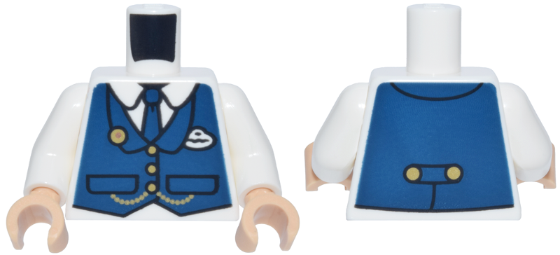 Lego Torso Dark Blue Vest and Tie, White Badge, Gold Pin, Buttons and Chain over Shirt with Collar Pattern / White Arms / Medium Tan Hands