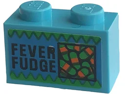 Brick 1 x 2 with 'FEVER FUDGE' Pattern (Sticker) - Set 76422 / Medium Azure