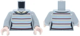 Torso Female Sweater with Dark Red, Tan and Bright Light Blue Horizontal Stripes and Black Ribbing over Tan Shirt with Collar Pattern / Light Bluish Gray Arms / Light Nougat Hands / Light Bluish Gray
