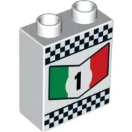 Duplo Brick 1 x 2 x 2 with '1' in Green, White and Red Chevron and Checkered Border Print / White