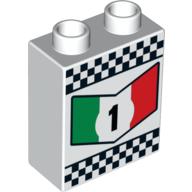 Lego Duplo Brick 1 x 2 x 2 with '1' in Green, White and Red Chevron and Checkered Border Print / White