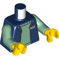Lego Torso, Dark Blue Bodywarmer, Sand Green Sweater, Name Tag print, Sand Green Arms, Yellow Hands / Dark Blue