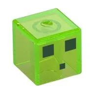 Minifig Head Special, Cube with Slime, 3 Dark Green Squares Print / Trans-Bright Green
