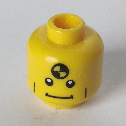Lego Minifig Head Demolition Dummy, Vertical Cheek Lines, Straight Mouth and White Pupils Print / Yellow