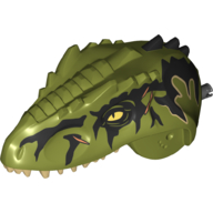 Lego Animal Body Part, Dinosaur, Giganotosaurus Head with Black Pin, Tan Teeth, Black Markings, Scars Print / Olive Green