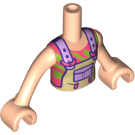 Lego Minidoll Torso Girl, Tan Overall, Lavender Pockets, Straps, Coral/Lime Shirt / Light Nougat