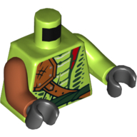 Lego Torso, Odd Arms, Snake with Shoulder Pad and Dark Green Belt and Red Vials Print, Left Lime Arm, Right Dark Orange Arm, Back Hands / Lime