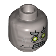 Lego Minifig Head CyberByter, Dual Sided, Lime and White Eyes, Clenched Teeth / Closed Mouth Print [Hollow Stud] / Flat Silver