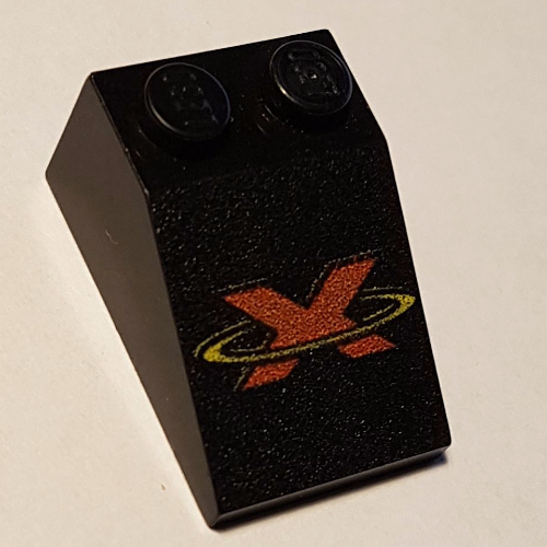 Lego Brick Sloped 33° 3 x 2 with Red X and Yellow Circle Print / Black