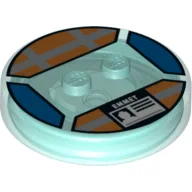 Function Brick Round 4 x 4 x 2/3 with 2 Studs and ID Badge with 'EMMET' Print / Trans-Light Blue