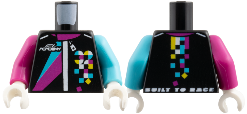 Lego Torso Jumpsuit Magenta and Medium Azure Stripes, White 'F1 Academy and Zipper', Squares and Quarter Circles Pattern / Medium Azure Arm Left / Magenta Arm Right / White Hands