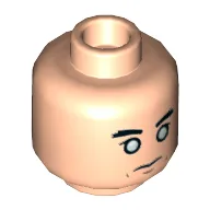 Minifig Head Chirrut Imwe, Dual Sided, Eyebrows, White Eyes, Stern / Crooked Grin Print [Hollow Stud] / Light Nougat