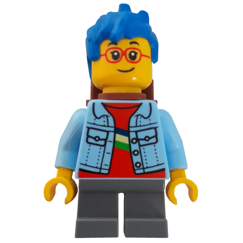 Lego Boy, Bright Light Blue Jacket, Blue Hair, Reddish Brown Backpack